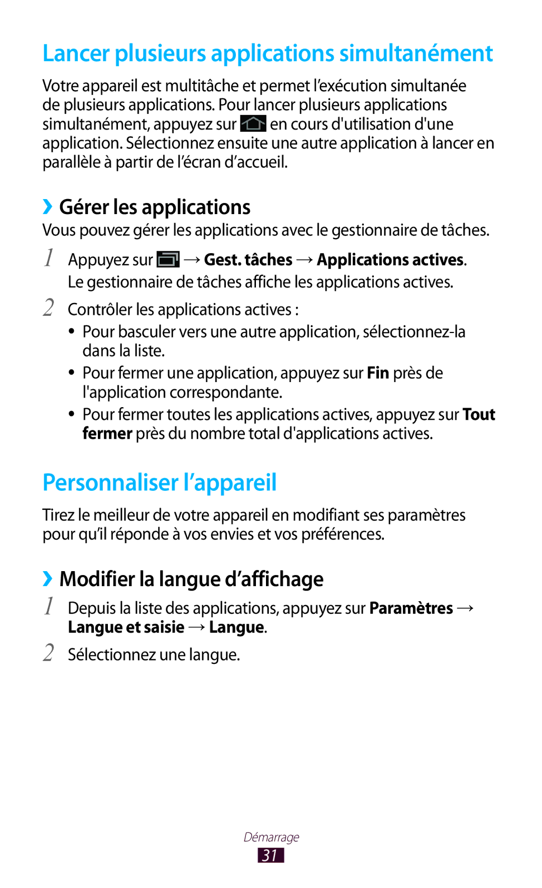 Samsung GT-P5110TSAXEF manual Personnaliser l’appareil, ››Gérer les applications, ››Modifier la langue d’affichage 