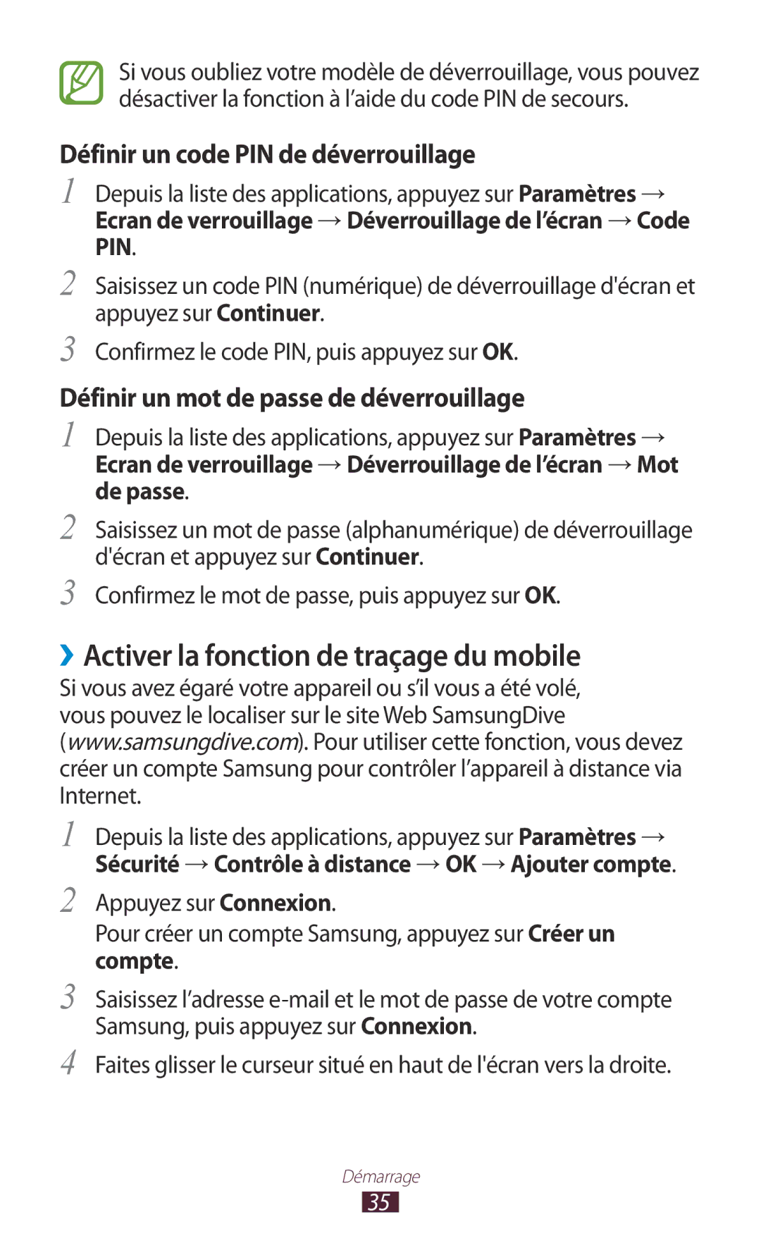 Samsung GT-P5110GRAXEF, GT-P5110TSABOG ››Activer la fonction de traçage du mobile, Définir un code PIN de déverrouillage 