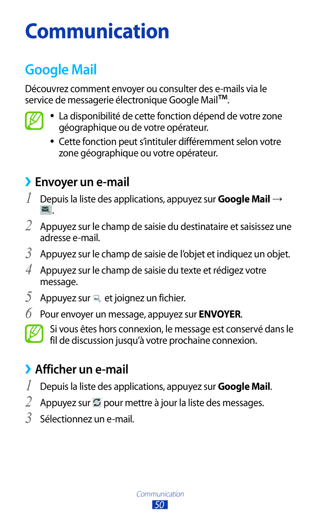 Samsung GT-P5110TSASFR, GT-P5110TSABOG manual Google Mail, ››Envoyer un e-mail, ››Afficher un e-mail, Sélectionnez un e-mail 