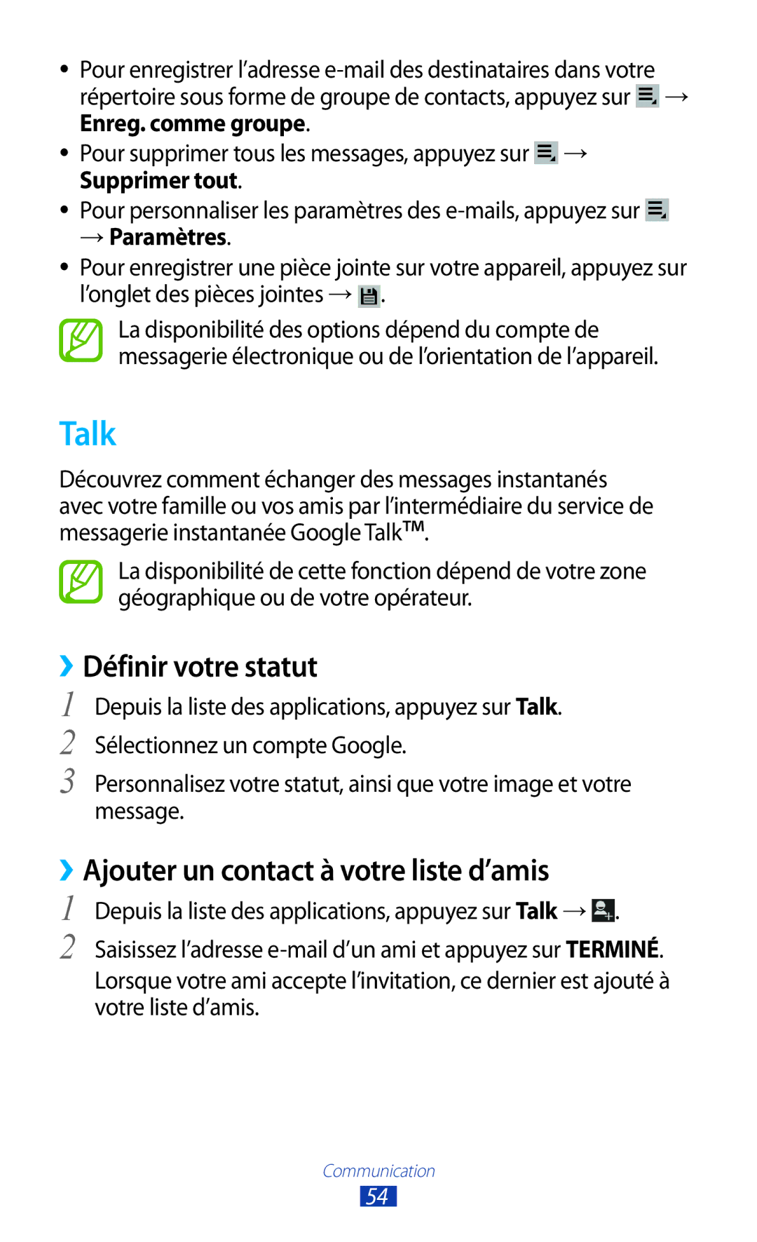 Samsung GT-P5110TSAFTM manual Talk, ››Définir votre statut, ››Ajouter un contact à votre liste d’amis, → Paramètres 