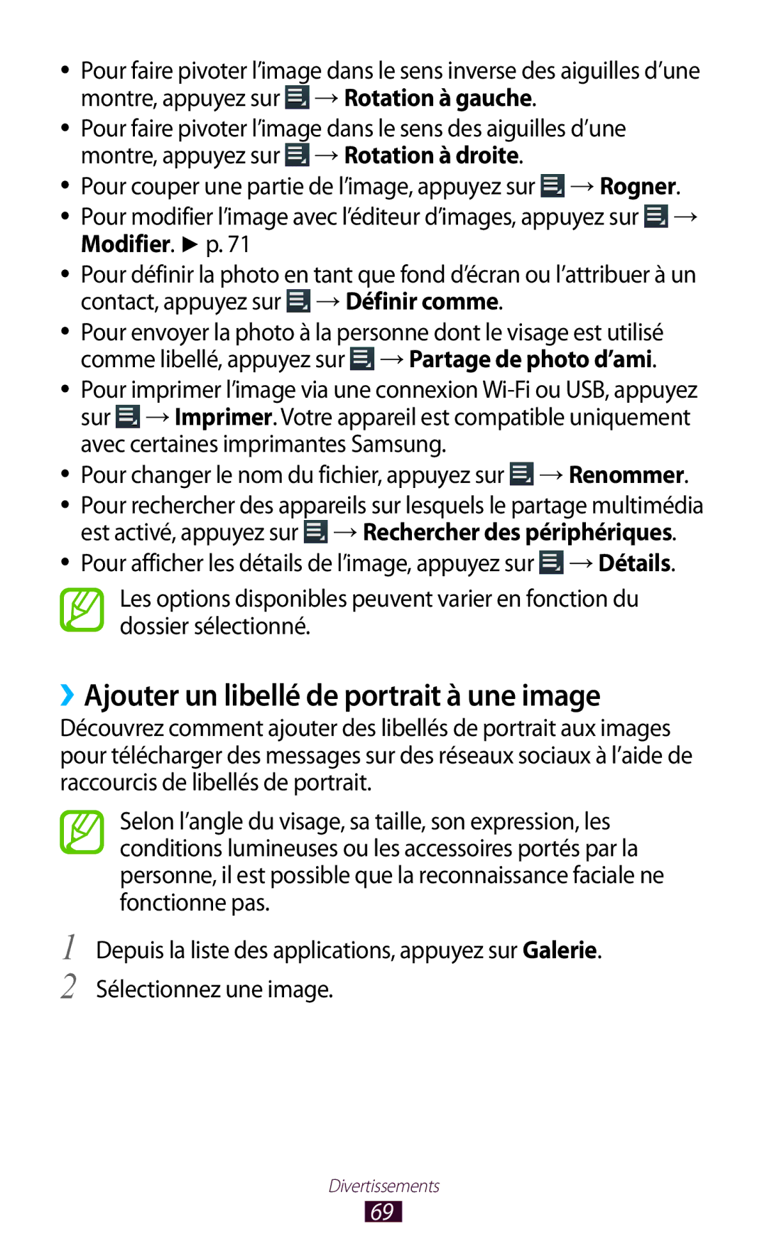 Samsung GT-P5110TSEXEF, GT-P5110TSABOG, GT-P5110ZWEXEF manual ››Ajouter un libellé de portrait à une image, Modifier. p 