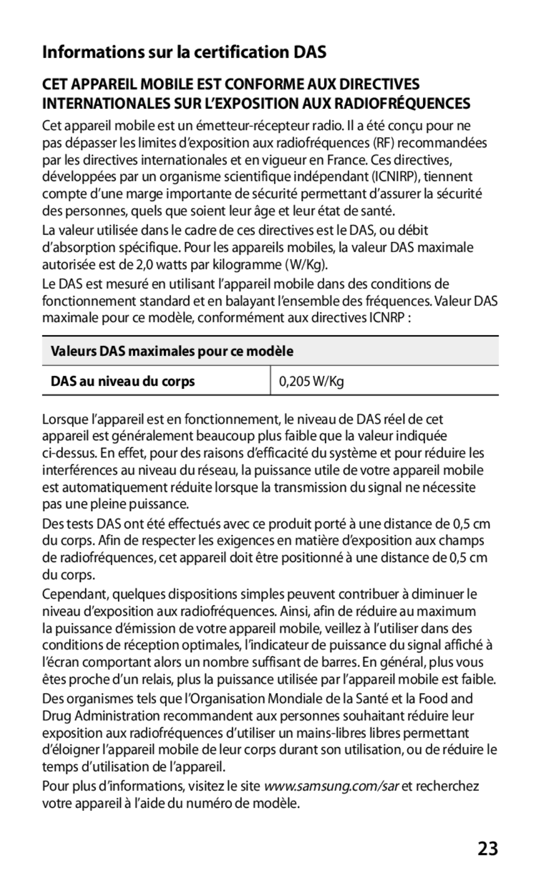 Samsung GT-P5110TSAXEF Informations sur la certification DAS, Valeurs DAS maximales pour ce modèle DAS au niveau du corps 