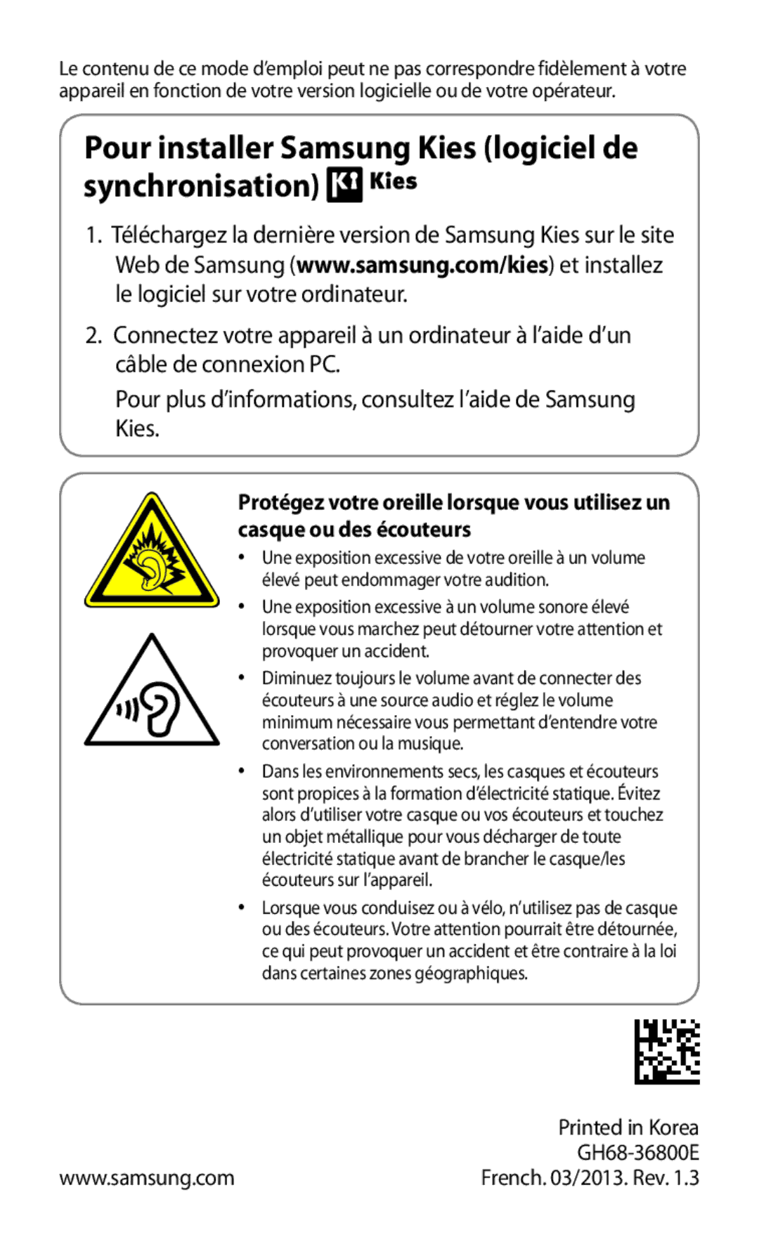 Samsung GT-P5110ZWAXEF, GT-P5110TSABOG, GT-P5110ZWEXEF manual Pour installer Samsung Kies logiciel de synchronisation 