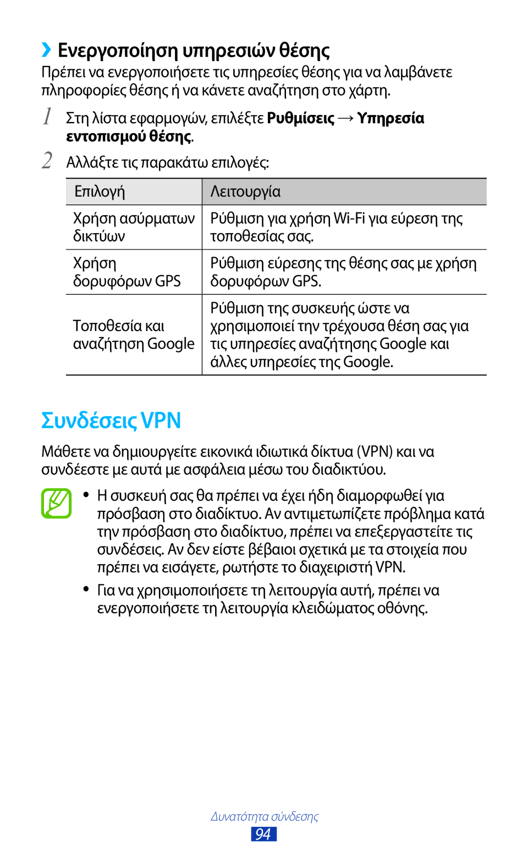 Samsung GT-P5110GRAEUR, GT-P5110TSAEUR, GT-P5110ZWAEUR manual Συνδέσεις VPN, ››Ενεργοποίηση υπηρεσιών θέσης, Εντοπισμού θέσης 