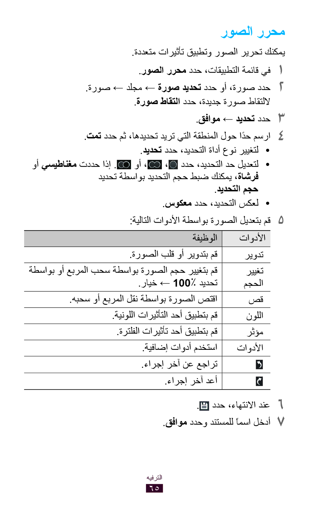 Samsung GT-P5110ZWAKSA, GT-P5110TSAKSA, GT-P5110TSASAC manual روصلا ررحم, قفاوم ← ديدحت ددح3, ديدحتلا مجح 