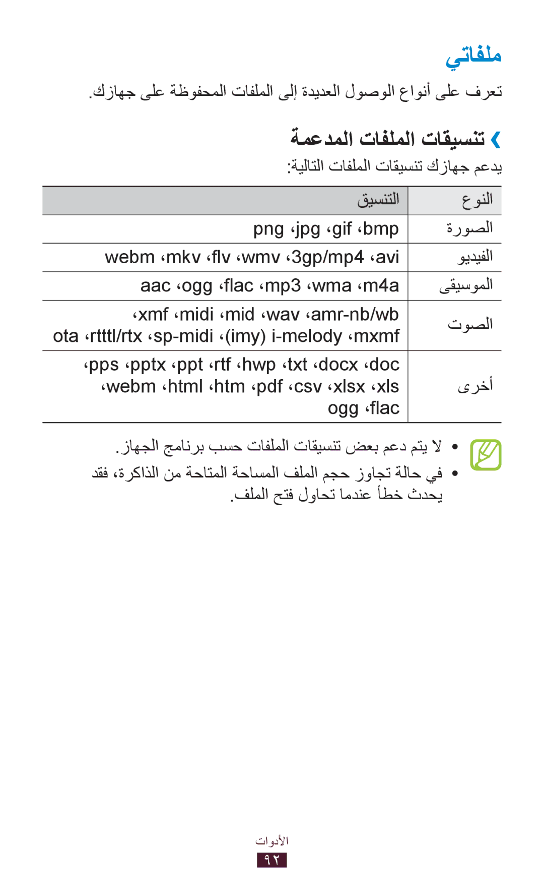 Samsung GT-P5110ZWAKSA, GT-P5110TSAKSA, GT-P5110TSASAC manual يتافلم, ةمعدملا تافلملا تاقيسنت›› 