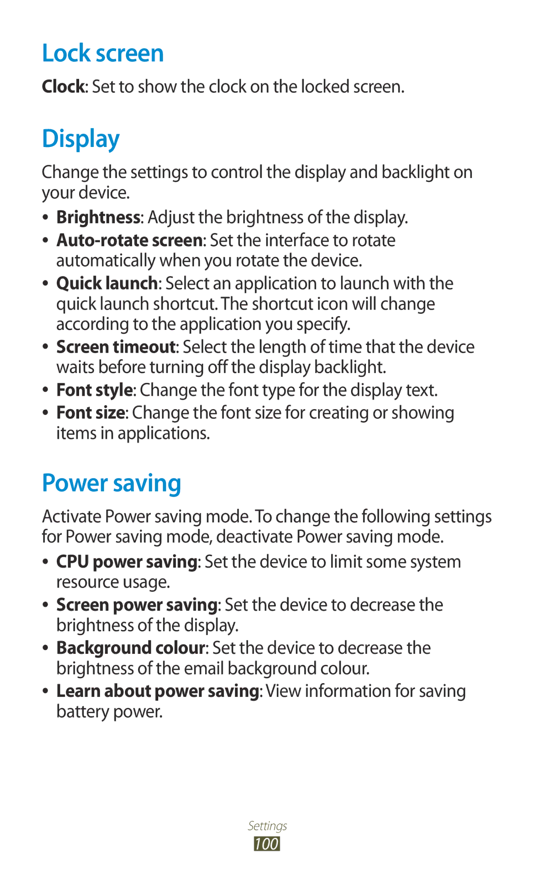 Samsung GT-P5110TSASAC manual Lock screen, Display, Power saving, Clock Set to show the clock on the locked screen 