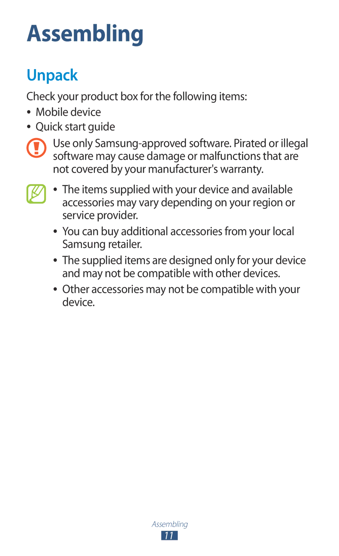 Samsung GT-P5110ZWAKSA, GT-P5110TSAKSA, GT-P5110TSASAC Unpack, Other accessories may not be compatible with your device 