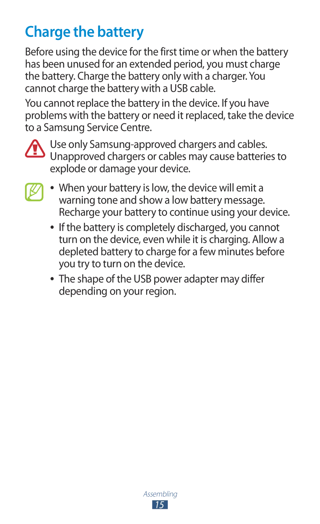 Samsung GT-P5110TSAKSA, GT-P5110TSASAC, GT-P5110ZWAKSA manual Charge the battery 