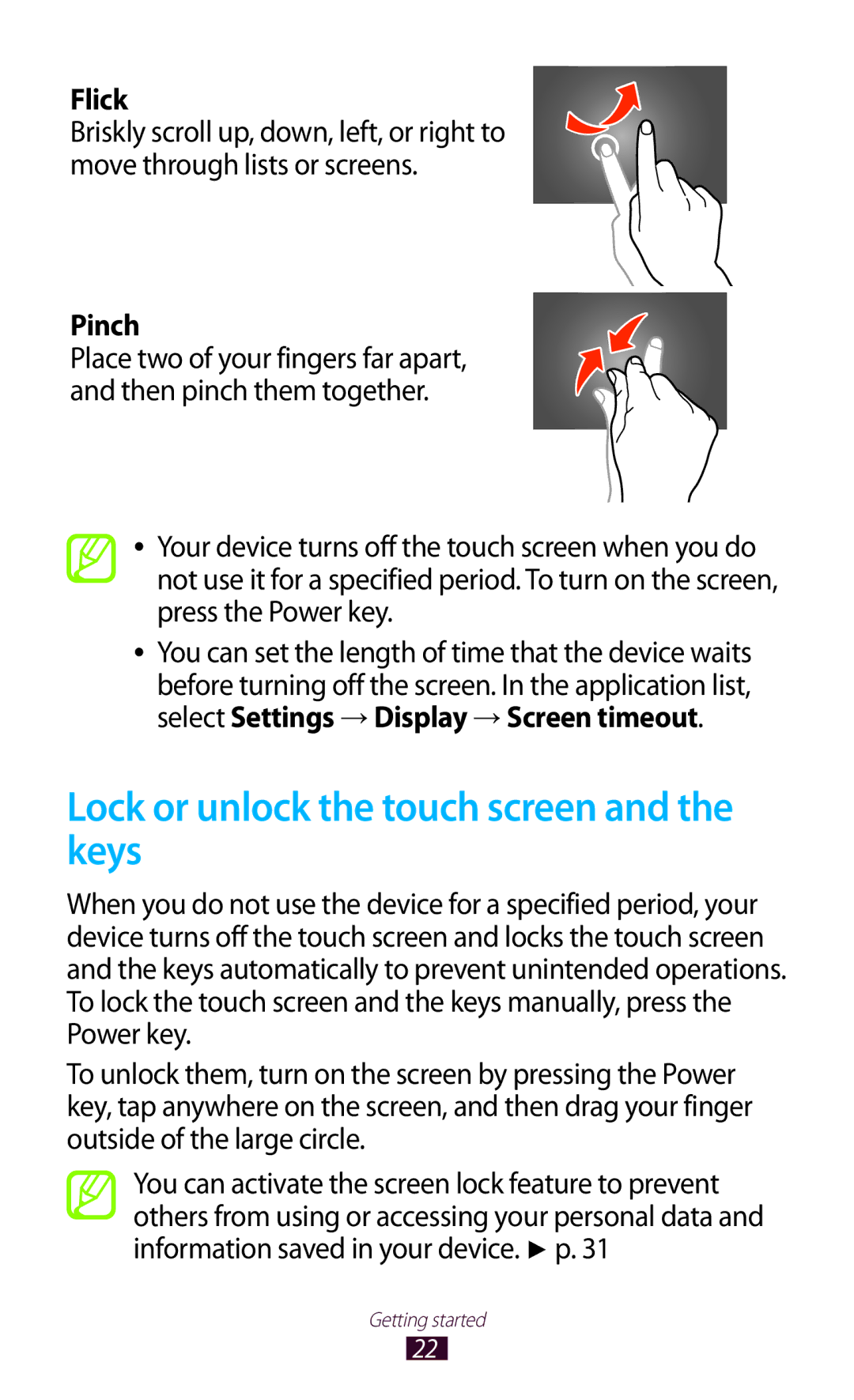 Samsung GT-P5110TSASAC, GT-P5110TSAKSA, GT-P5110ZWAKSA manual Lock or unlock the touch screen and the keys, Flick, Pinch 