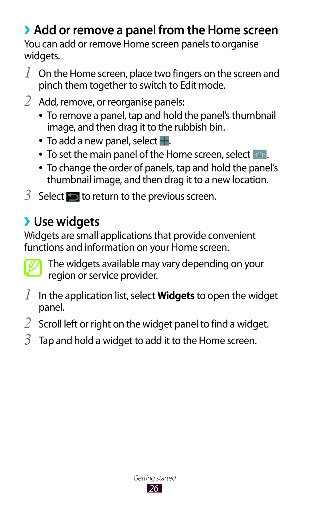 Samsung GT-P5110ZWAKSA manual ››Use widgets, Add, remove, or reorganise panels, Select to return to the previous screen 