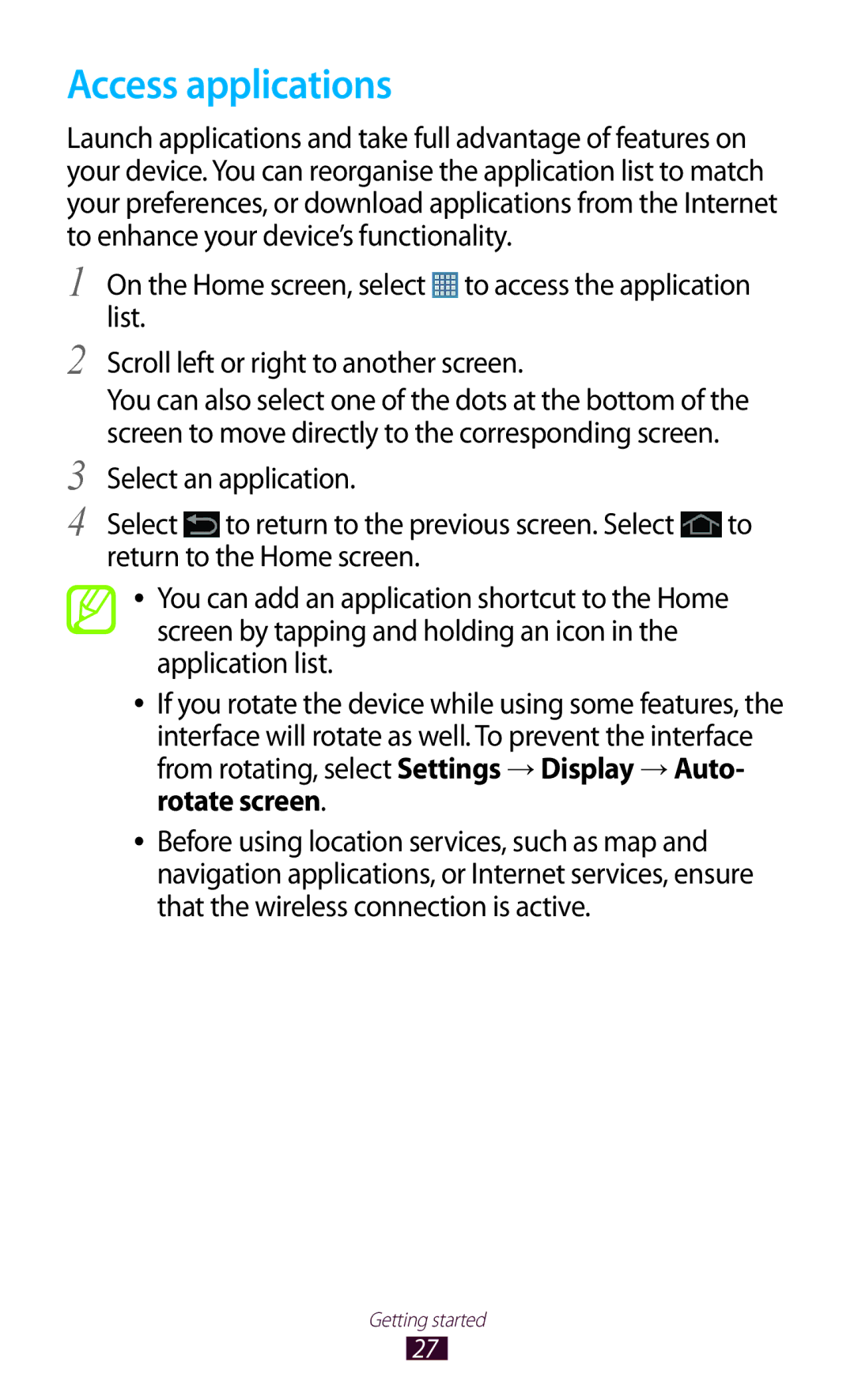 Samsung GT-P5110TSAKSA, GT-P5110TSASAC, GT-P5110ZWAKSA manual Access applications 