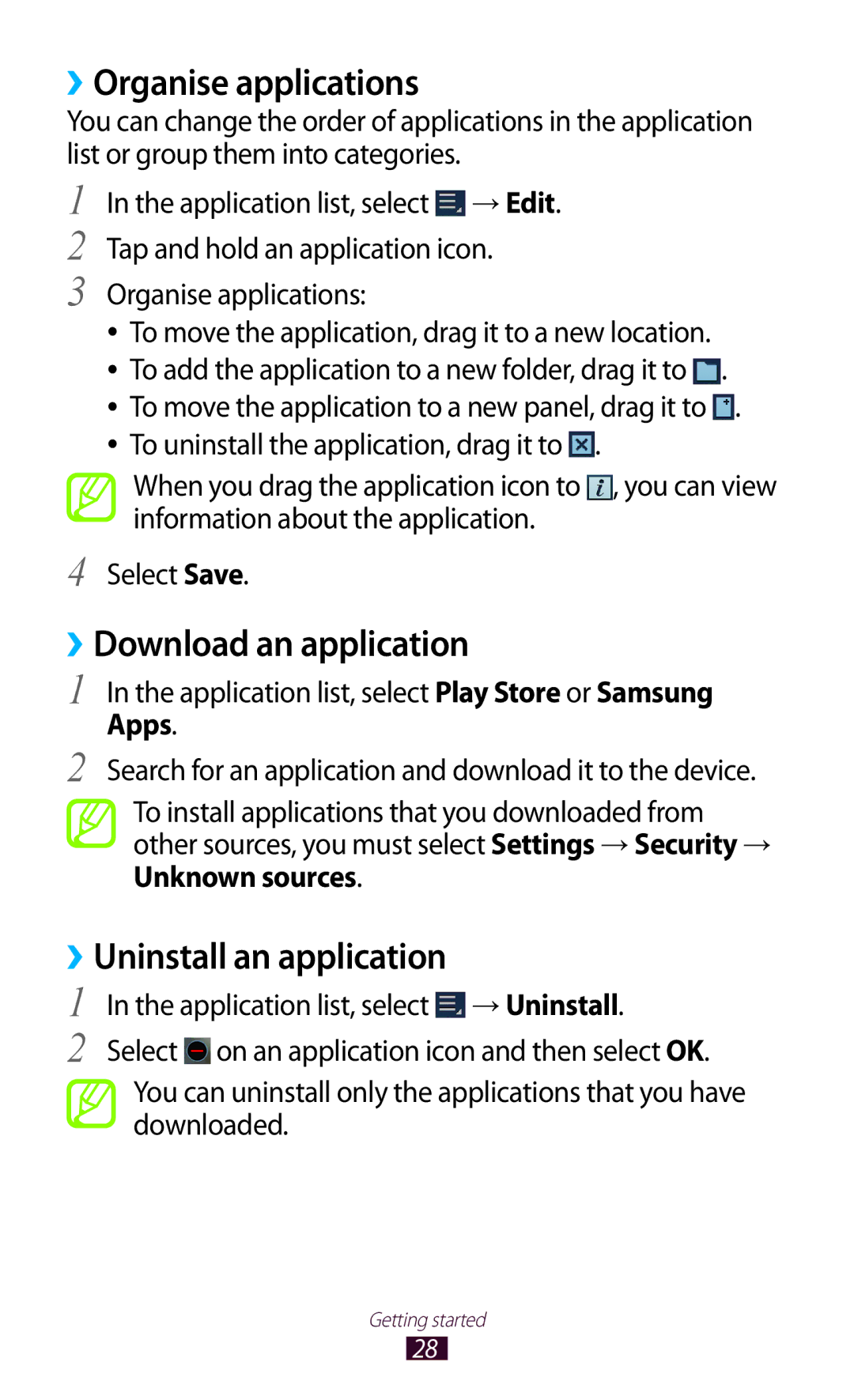 Samsung GT-P5110TSASAC manual ››Organise applications, ››Download an application, ››Uninstall an application, Apps 