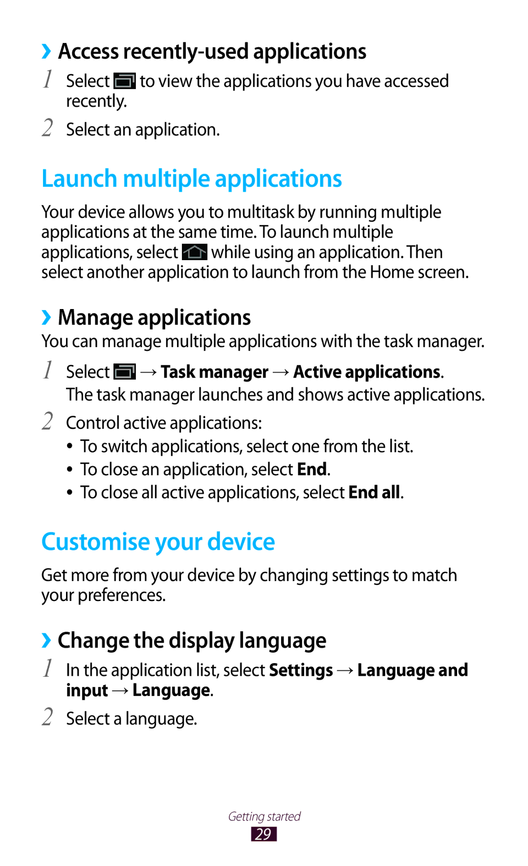 Samsung GT-P5110ZWAKSA manual Launch multiple applications, Customise your device, ››Access recently-used applications 