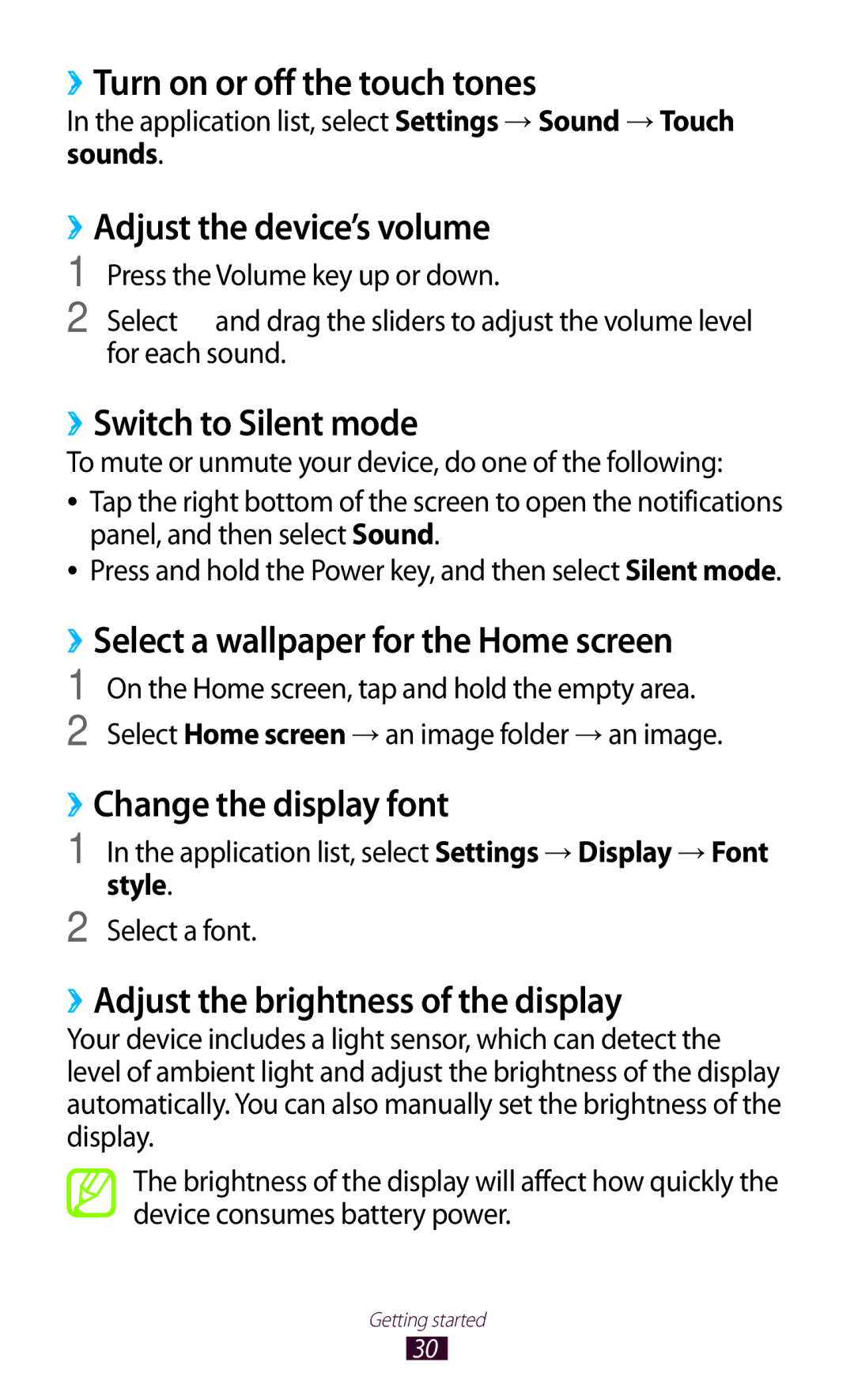 Samsung GT-P5110TSAKSA manual ››Turn on or off the touch tones, ››Adjust the device’s volume, ››Switch to Silent mode 