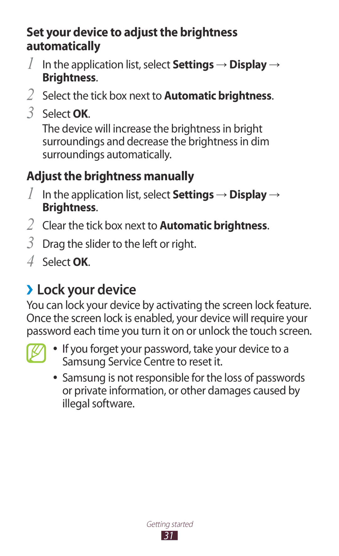 Samsung GT-P5110TSASAC, GT-P5110TSAKSA manual ››Lock your device, Set your device to adjust the brightness automatically 