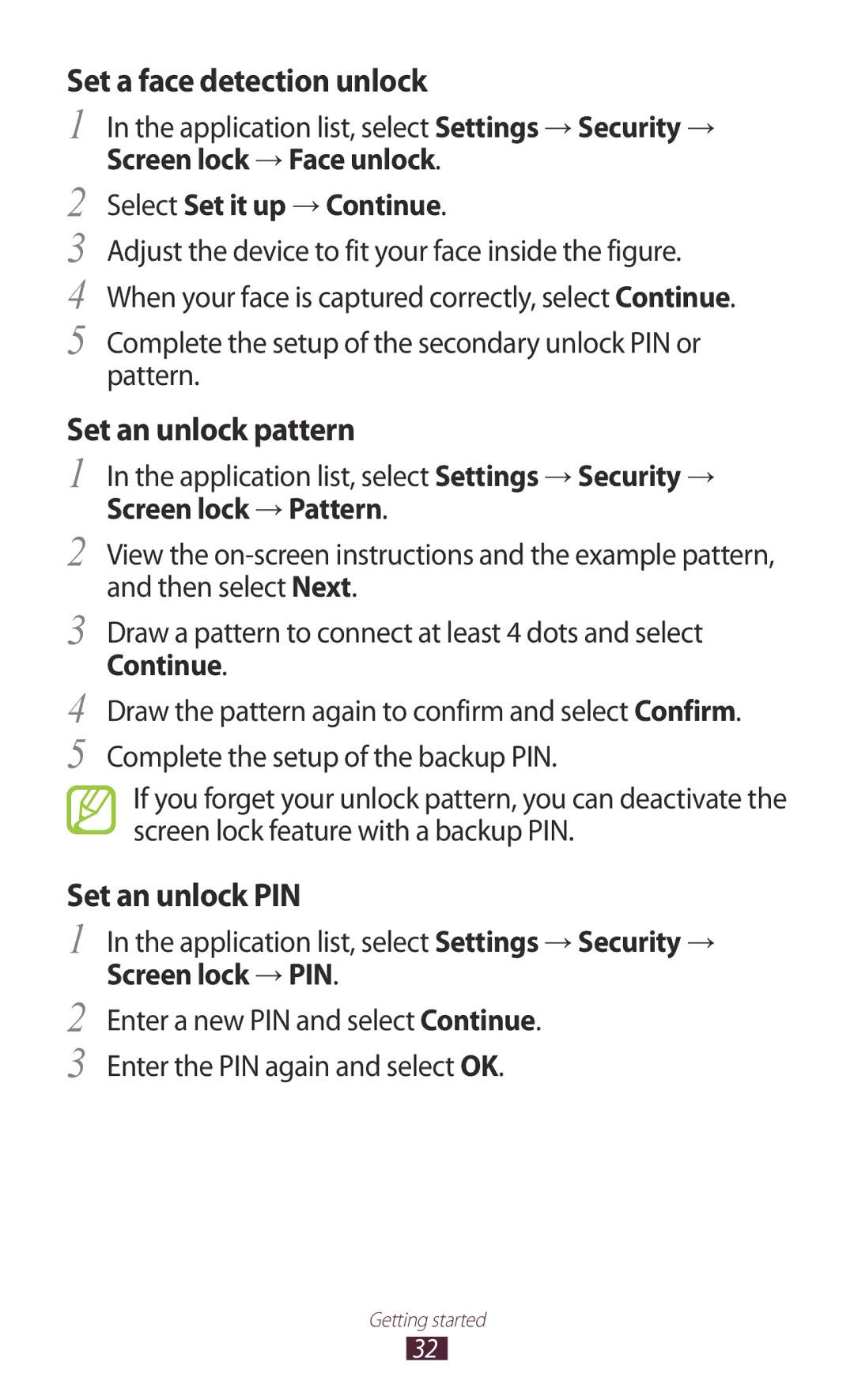 Samsung GT-P5110ZWAKSA manual Application list, select Settings → Security →, Screen lock → Pattern, Screen lock → PIN 