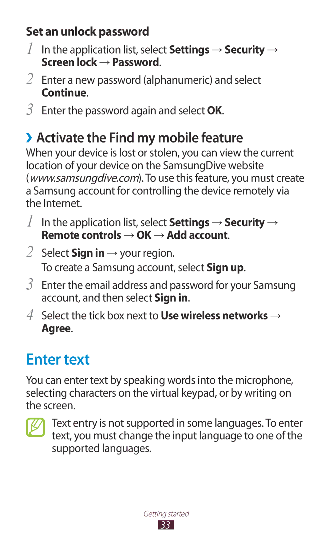 Samsung GT-P5110TSAKSA, GT-P5110TSASAC Enter text, ››Activate the Find my mobile feature, Screen lock → Password, Agree 