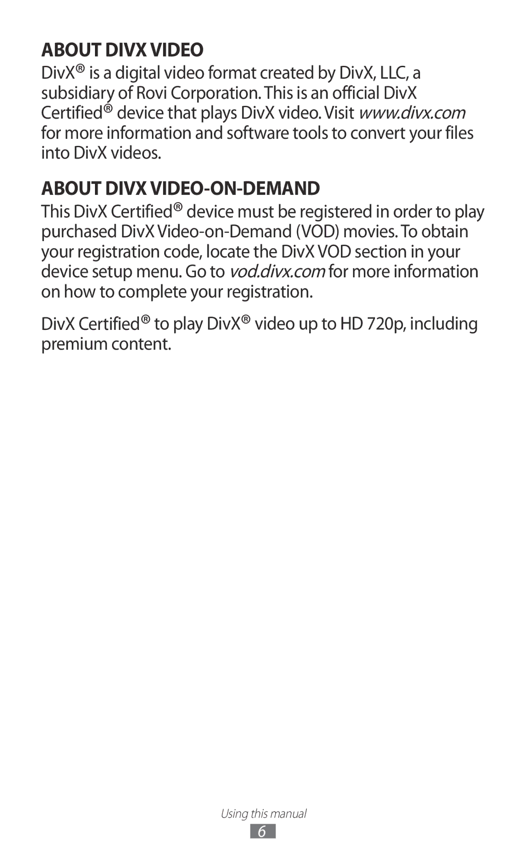 Samsung GT-P5110TSAKSA, GT-P5110TSASAC, GT-P5110ZWAKSA manual About Divx Video About Divx VIDEO-ON-DEMAND 