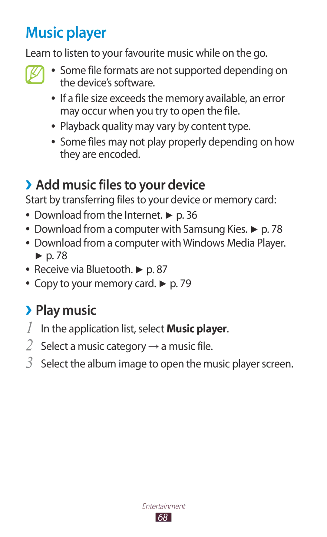 Samsung GT-P5110ZWAKSA, GT-P5110TSAKSA, GT-P5110TSASAC manual Music player, ››Add music files to your device, ››Play music 