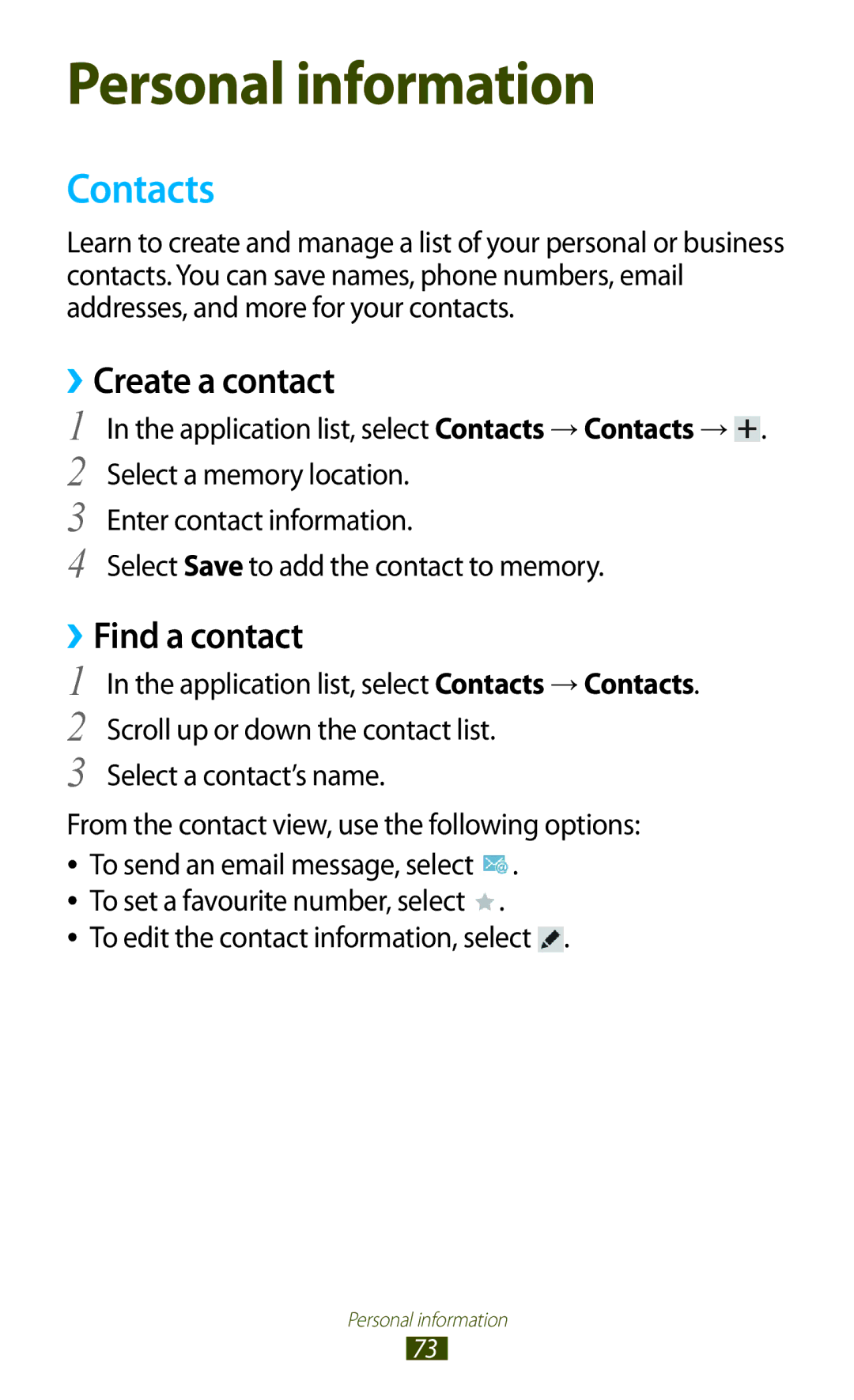 Samsung GT-P5110TSASAC manual Contacts, ››Create a contact, ››Find a contact, To edit the contact information, select 