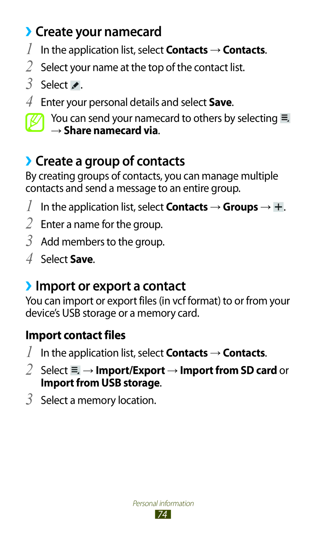 Samsung GT-P5110ZWAKSA, GT-P5110TSAKSA ››Create your namecard, ››Create a group of contacts, ››Import or export a contact 