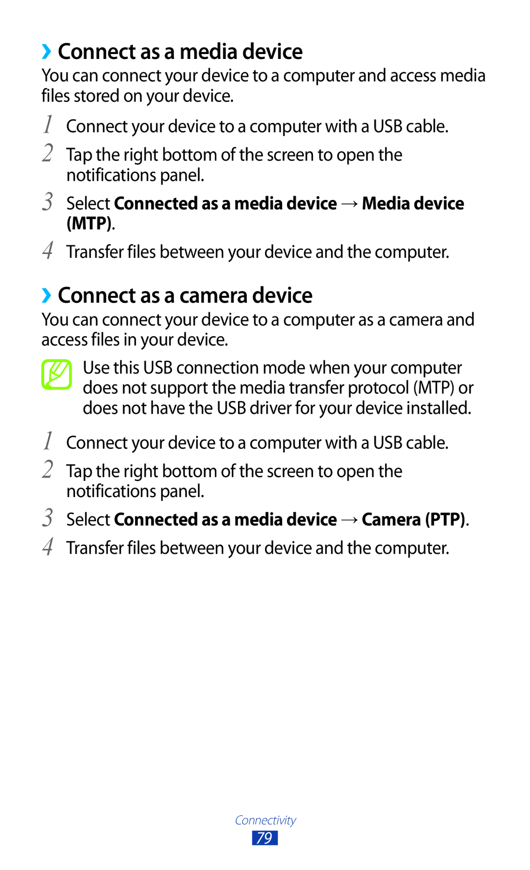 Samsung GT-P5110TSASAC, GT-P5110TSAKSA, GT-P5110ZWAKSA manual ››Connect as a media device, ››Connect as a camera device 