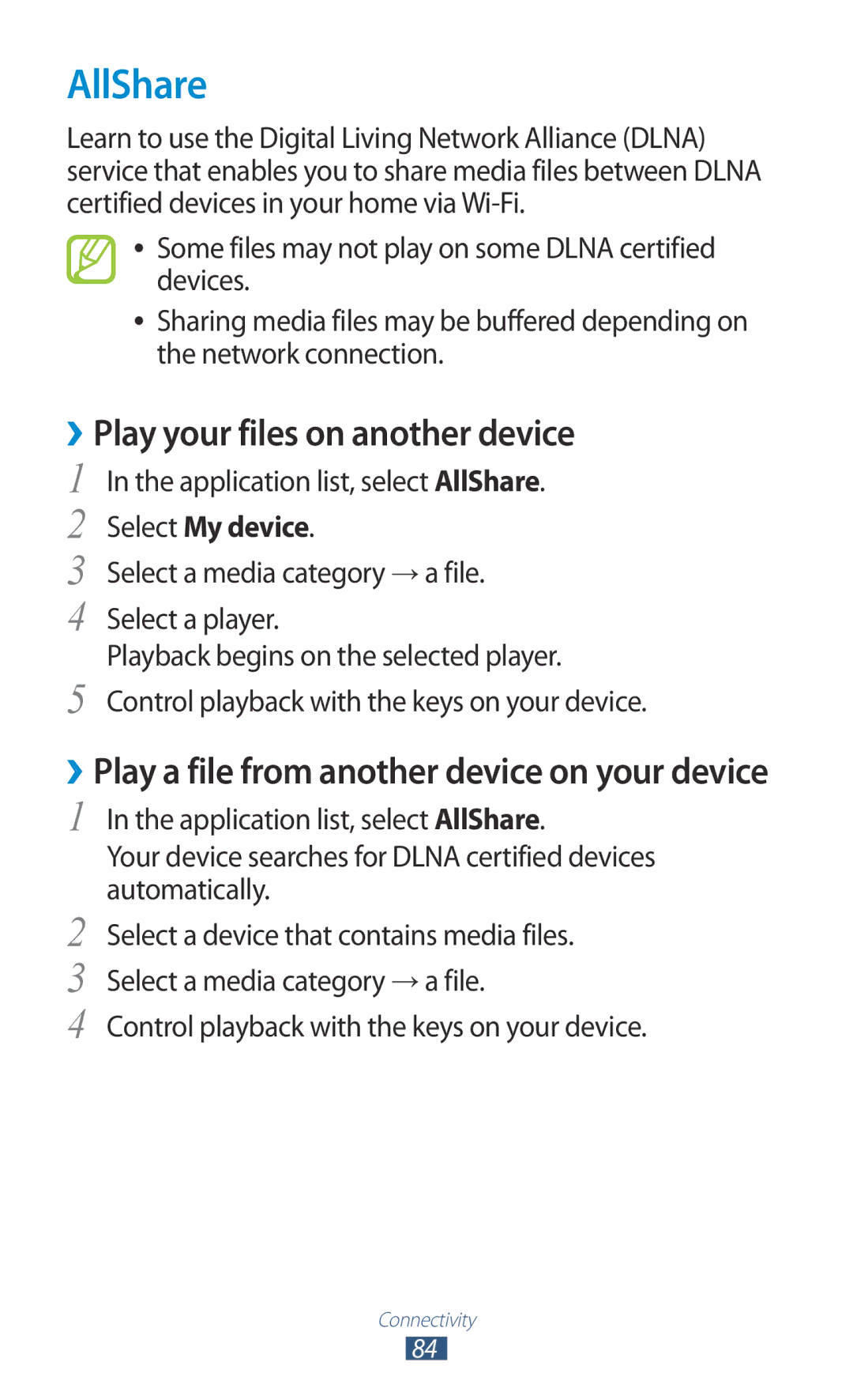 Samsung GT-P5110TSAKSA manual AllShare, ››Play your files on another device, Control playback with the keys on your device 