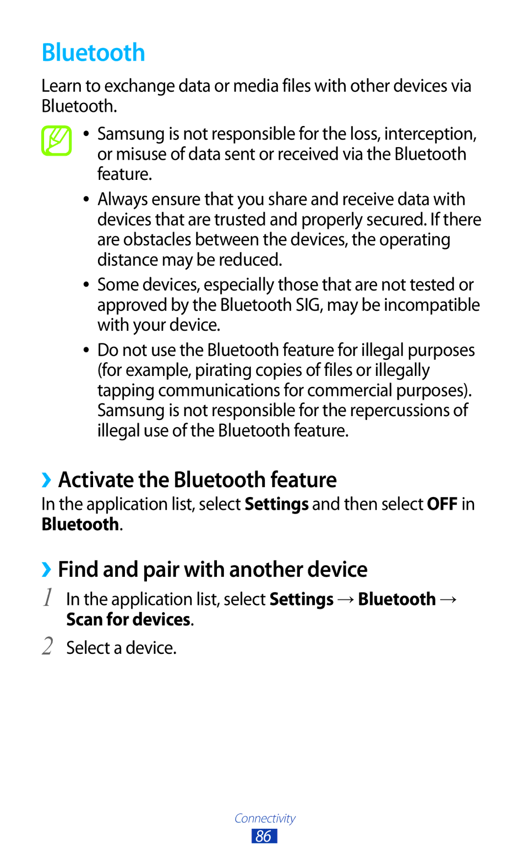 Samsung GT-P5110ZWAKSA manual ››Activate the Bluetooth feature, ››Find and pair with another device, Scan for devices 