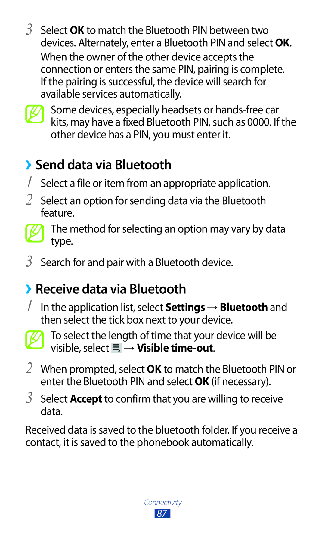 Samsung GT-P5110TSAKSA, GT-P5110TSASAC, GT-P5110ZWAKSA manual ››Send data via Bluetooth, ››Receive data via Bluetooth 