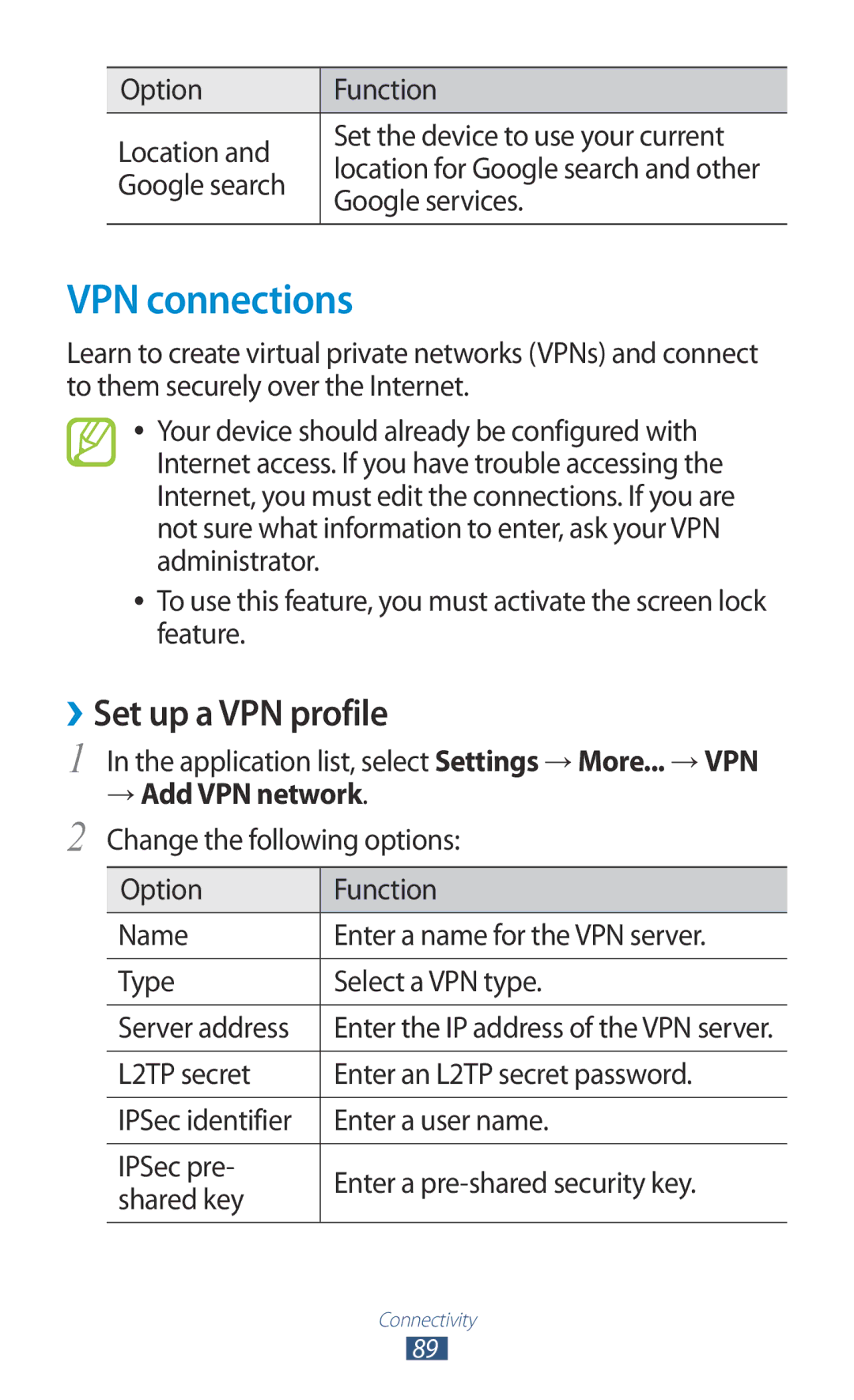 Samsung GT-P5110ZWAKSA, GT-P5110TSAKSA, GT-P5110TSASAC manual VPN connections, ››Set up a VPN profile, → Add VPN network 