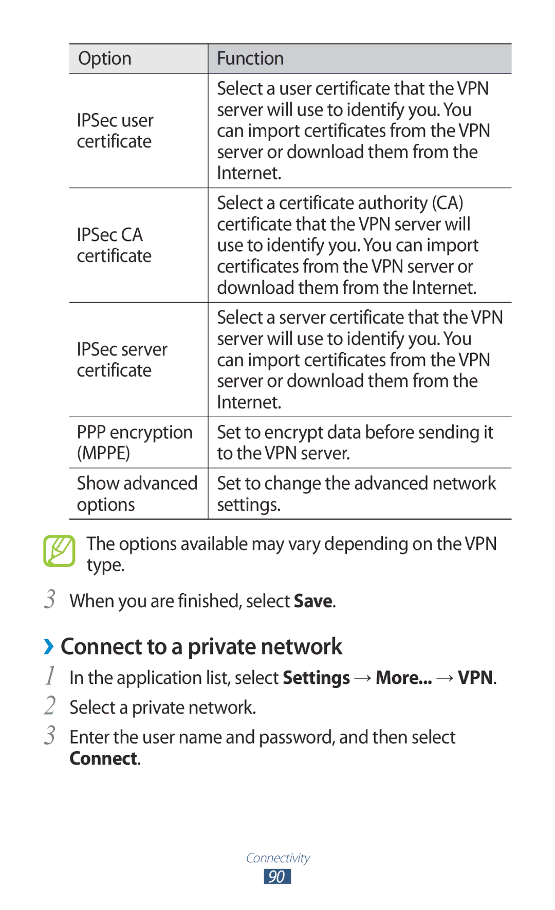 Samsung GT-P5110TSAKSA, GT-P5110TSASAC, GT-P5110ZWAKSA manual ››Connect to a private network 