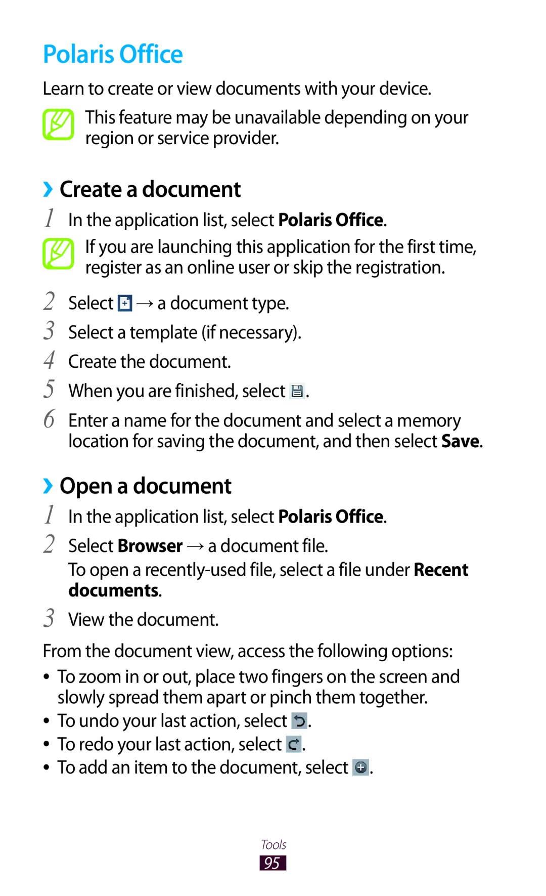 Samsung GT-P5110ZWAKSA, GT-P5110TSAKSA ››Create a document, ››Open a document, Application list, select Polaris Office 