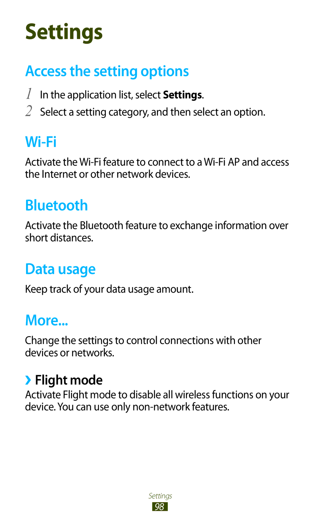 Samsung GT-P5110ZWAKSA Access the setting options, Data usage, More, ››Flight mode, Keep track of your data usage amount 