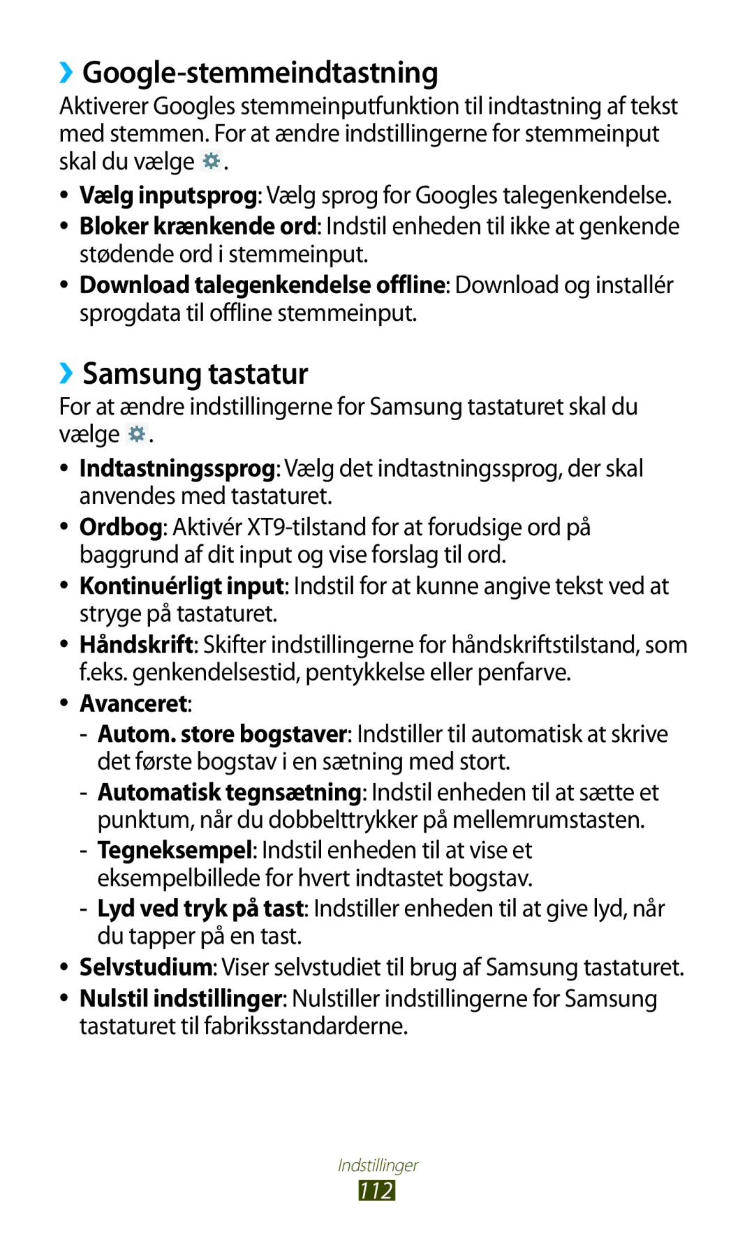 Samsung GT-P5110ZWANEE, GT-P5110TSANEE, GT-P5110GRANEE manual ››Google-stemmeindtastning, ››Samsung tastatur, Avanceret 