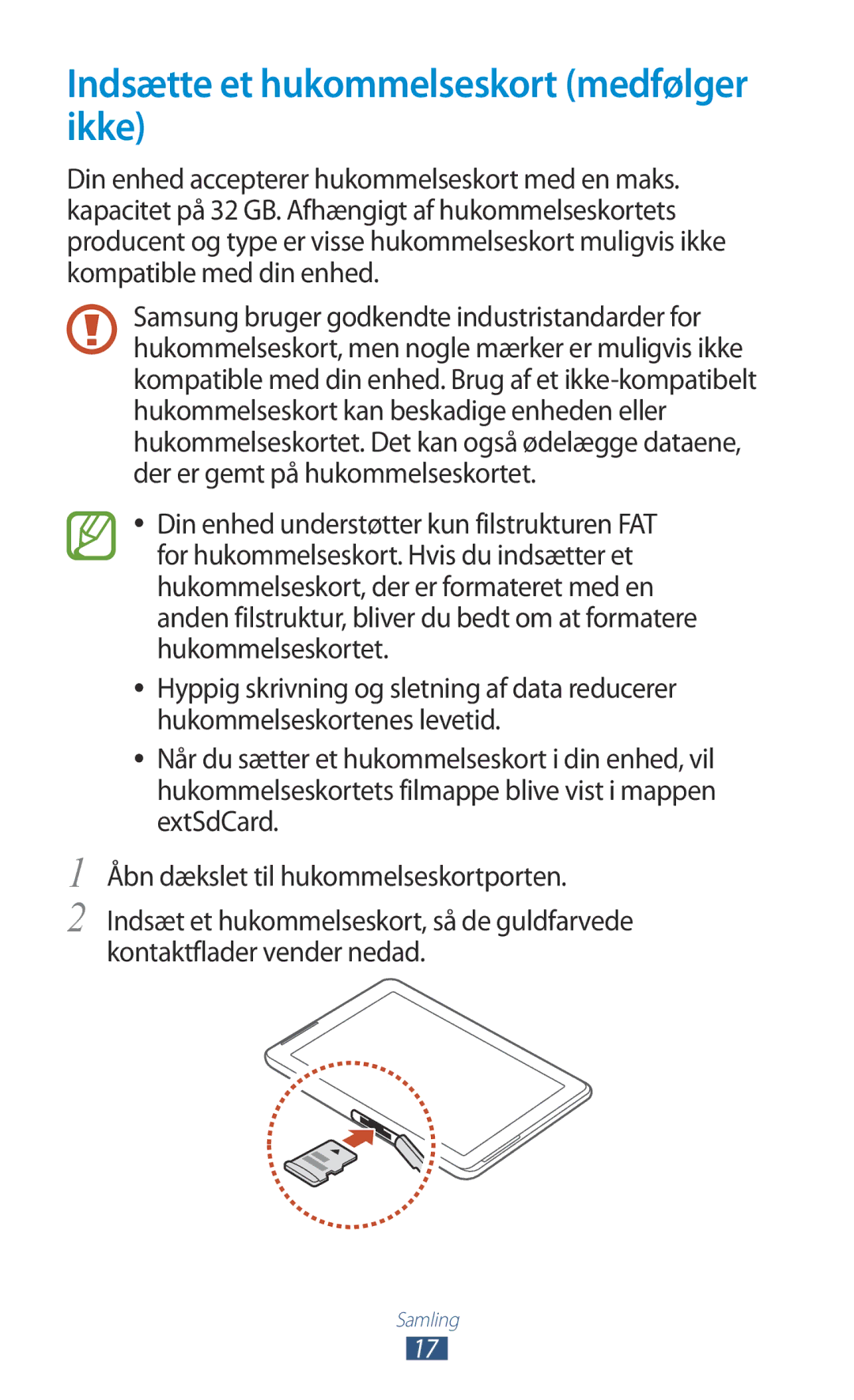 Samsung GT-P5110GRANEE, GT-P5110TSANEE, GT-P5110ZWANEE manual Indsætte et hukommelseskort medfølger ikke 