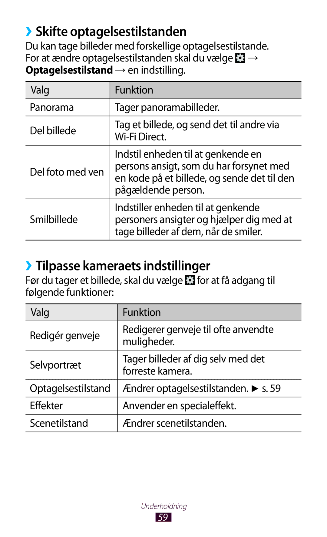 Samsung GT-P5110GRANEE, GT-P5110TSANEE, GT-P5110ZWANEE ››Skifte optagelsestilstanden, ››Tilpasse kameraets indstillinger 