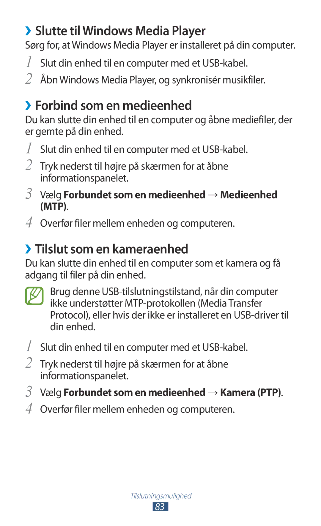 Samsung GT-P5110GRANEE manual ››Slutte til Windows Media Player, ››Forbind som en medieenhed, ››Tilslut som en kameraenhed 