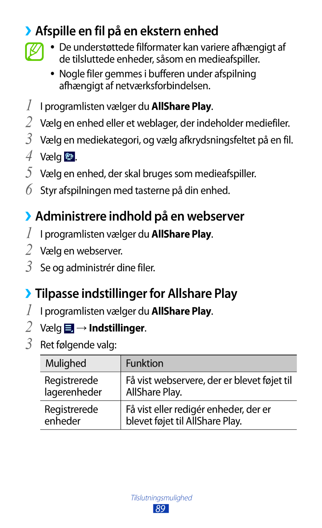 Samsung GT-P5110GRANEE, GT-P5110TSANEE manual ››Afspille en fil på en ekstern enhed, ››Administrere indhold på en webserver 