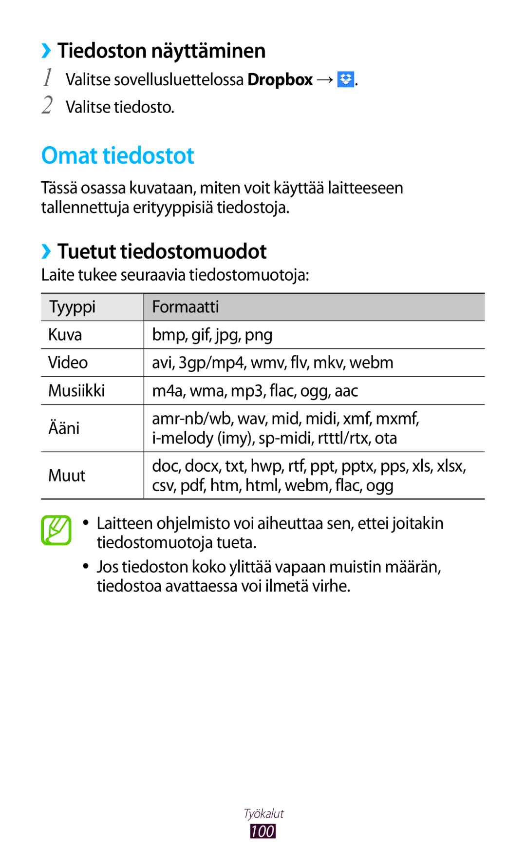 Samsung GT-P5110ZWANEE, GT-P5110TSANEE, GT-P5110GRANEE Omat tiedostot, ››Tiedoston näyttäminen, ››Tuetut tiedostomuodot 