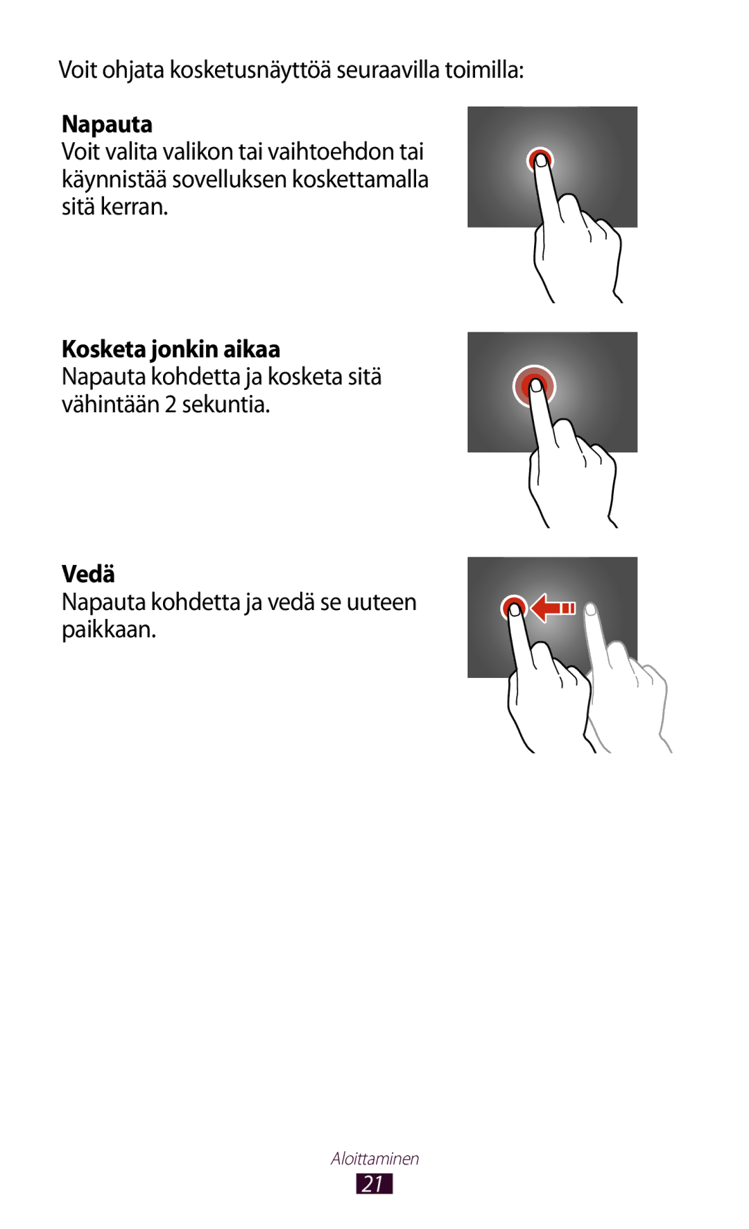 Samsung GT-P5110TSANEE, GT-P5110ZWANEE, GT-P5110GRANEE manual Napauta, Kosketa jonkin aikaa, Vedä 