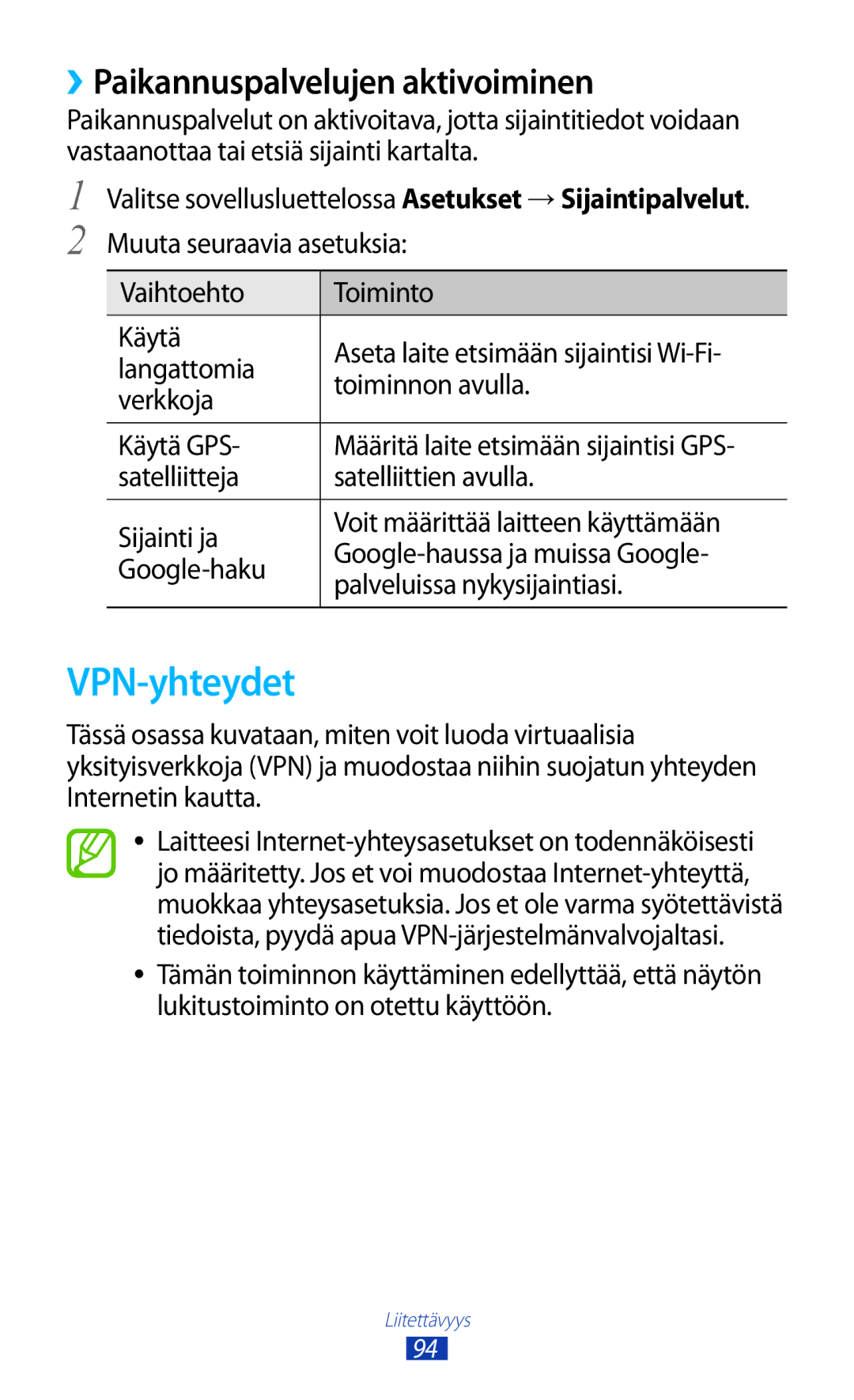 Samsung GT-P5110ZWANEE, GT-P5110TSANEE VPN-yhteydet, ››Paikannuspalvelujen aktivoiminen, Langattomia, Verkkoja, Käytä GPS 