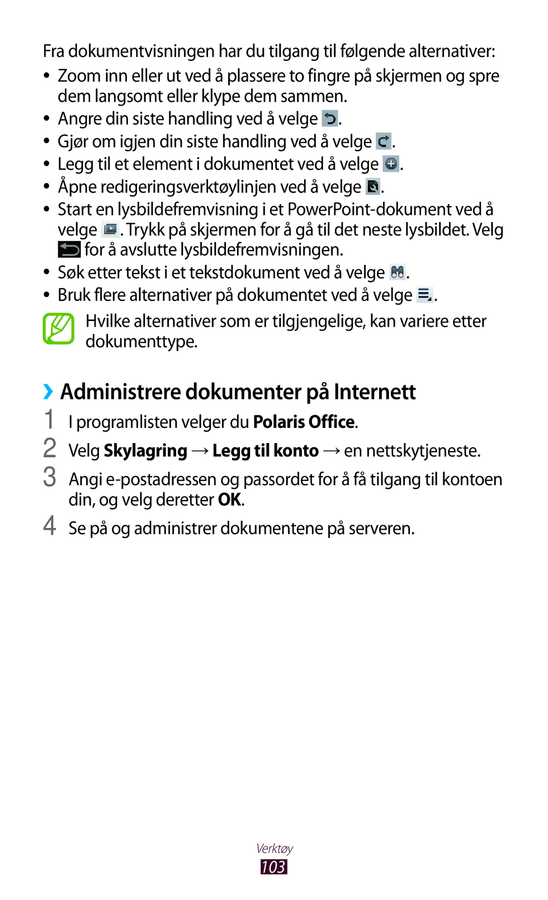 Samsung GT-P5110ZWANEE, GT-P5110TSANEE manual ››Administrere dokumenter på Internett, Programlisten velger du Polaris Office 