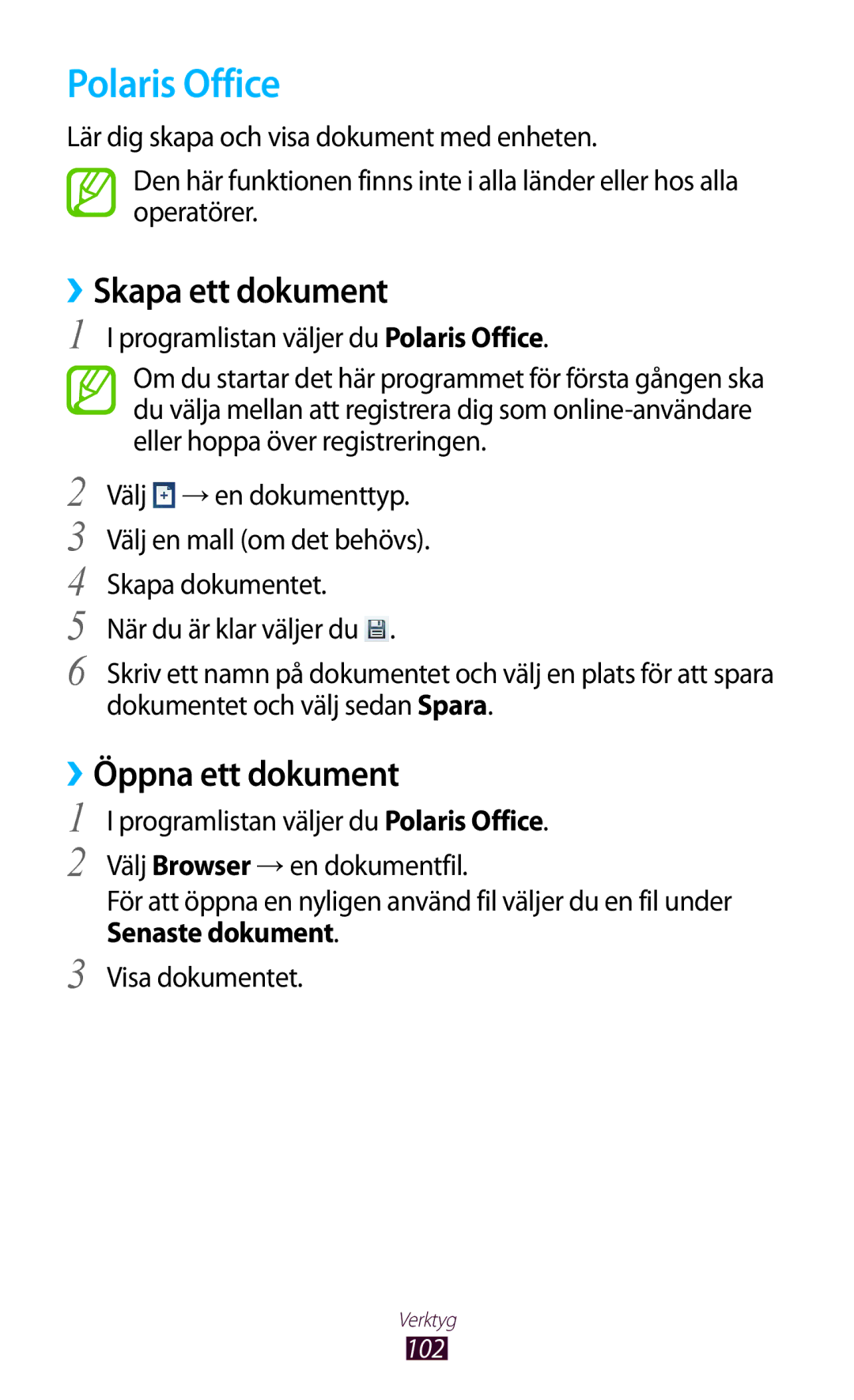 Samsung GT-P5110TSANEE, GT-P5110ZWANEE, GT-P5110GRANEE manual Polaris Office, ››Skapa ett dokument, ››Öppna ett dokument 