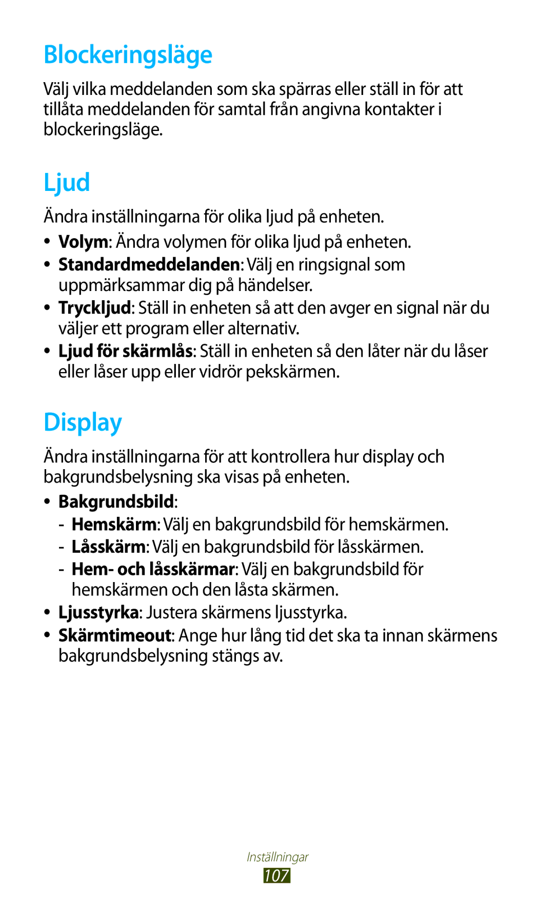 Samsung GT-P5110GRANEE, GT-P5110TSANEE, GT-P5110ZWANEE manual Blockeringsläge, Ljud, Display, Bakgrundsbild 