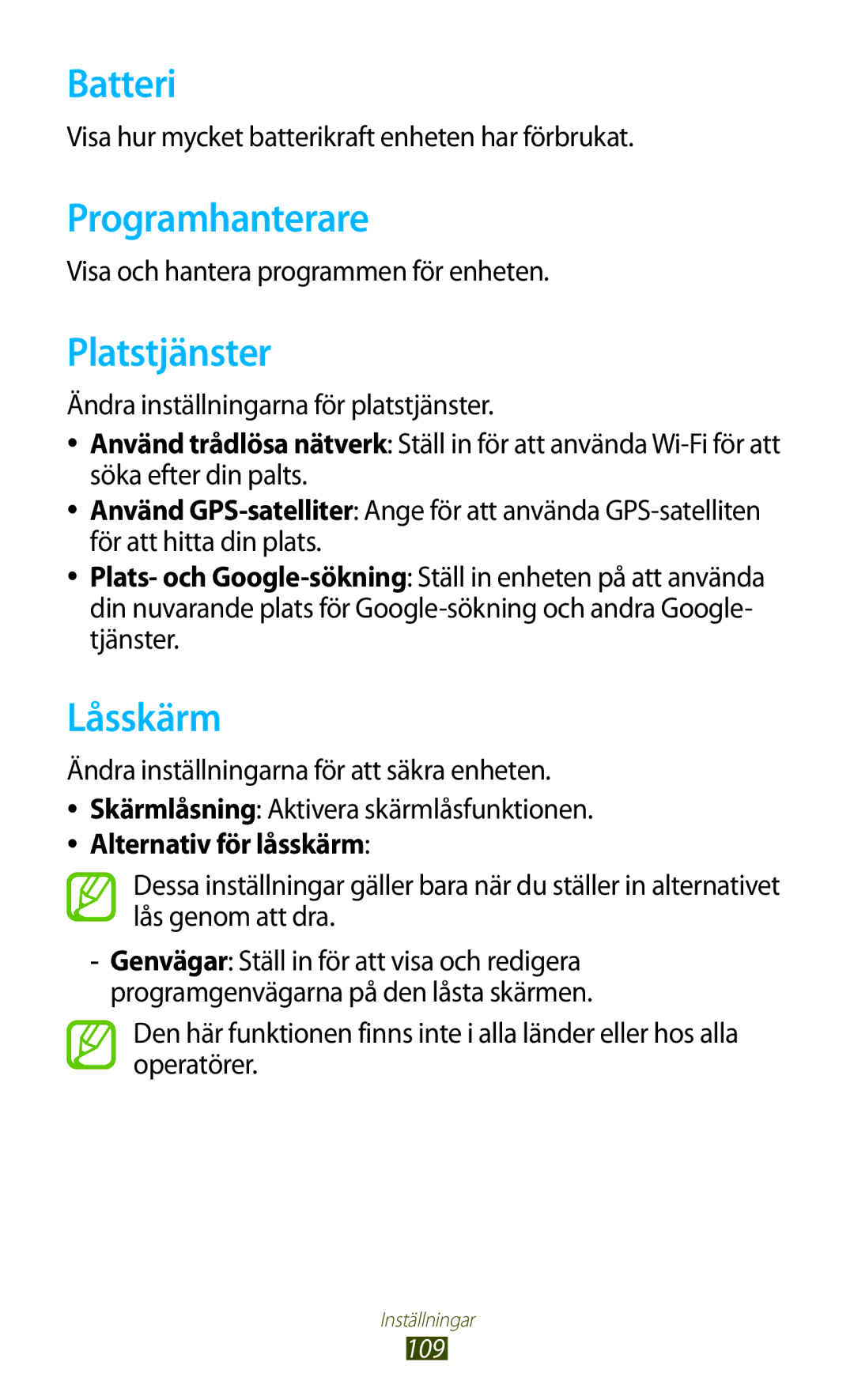 Samsung GT-P5110ZWANEE, GT-P5110TSANEE, GT-P5110GRANEE manual Batteri, Programhanterare, Platstjänster, Låsskärm 