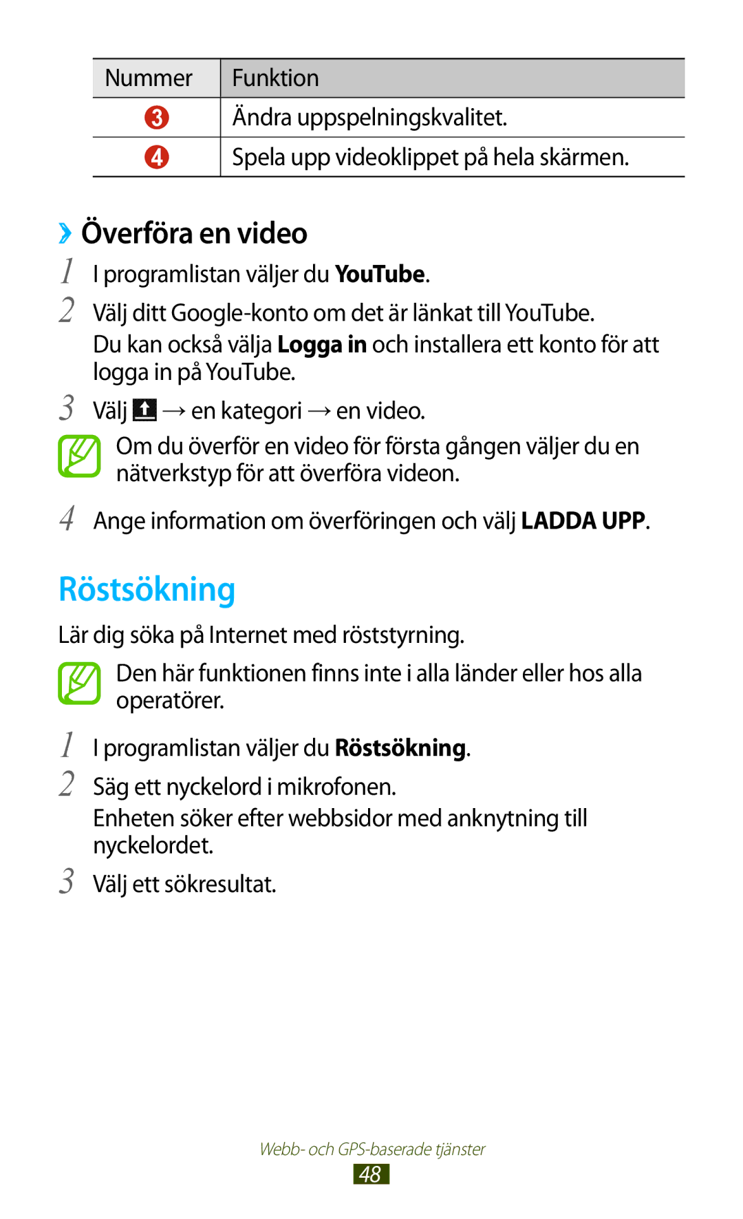 Samsung GT-P5110TSANEE, GT-P5110ZWANEE, GT-P5110GRANEE manual Röstsökning, ››Överföra en video 