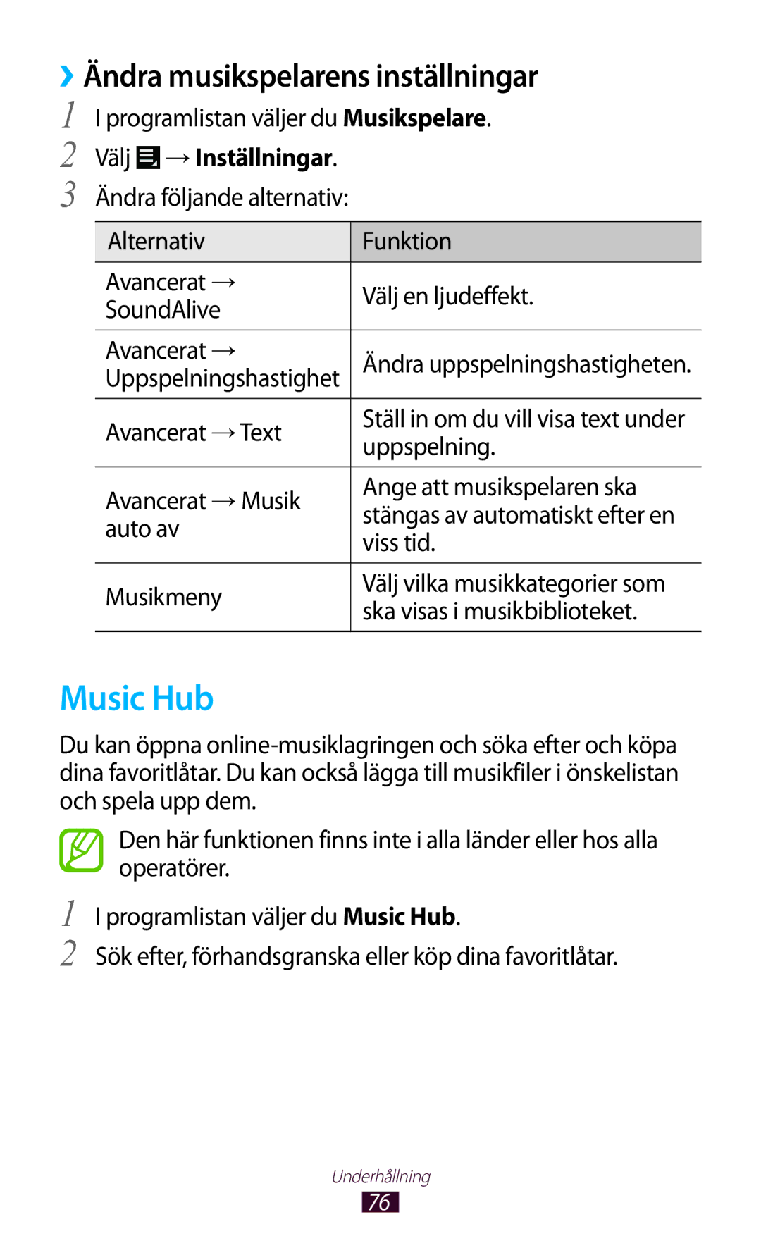 Samsung GT-P5110ZWANEE, GT-P5110TSANEE, GT-P5110GRANEE Music Hub, ››Ändra musikspelarens inställningar, Välj →Inställningar 