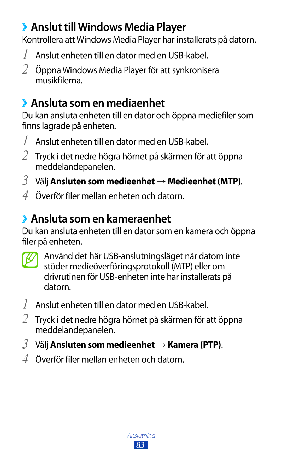 Samsung GT-P5110GRANEE manual ››Anslut till Windows Media Player, ››Ansluta som en mediaenhet, ››Ansluta som en kameraenhet 
