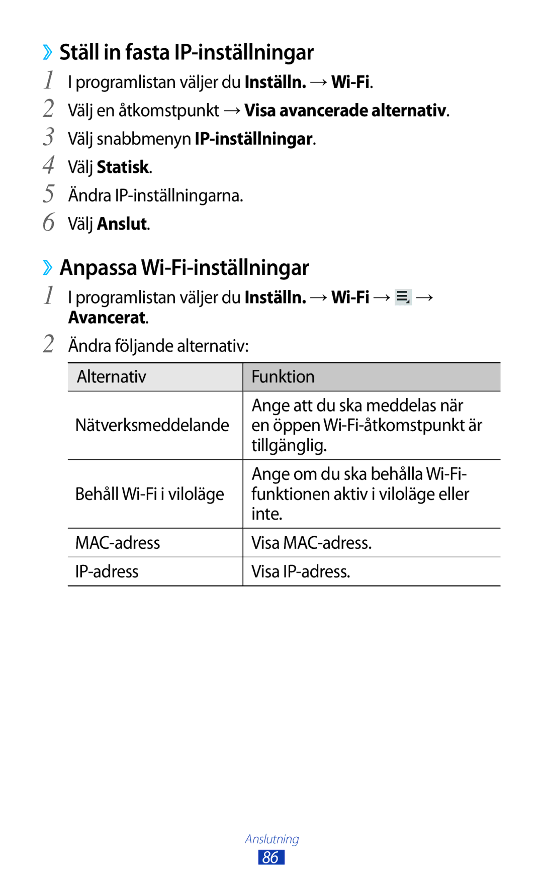 Samsung GT-P5110GRANEE, GT-P5110TSANEE manual ››Ställ in fasta IP-inställningar, ››Anpassa Wi-Fi-inställningar, Välj Statisk 